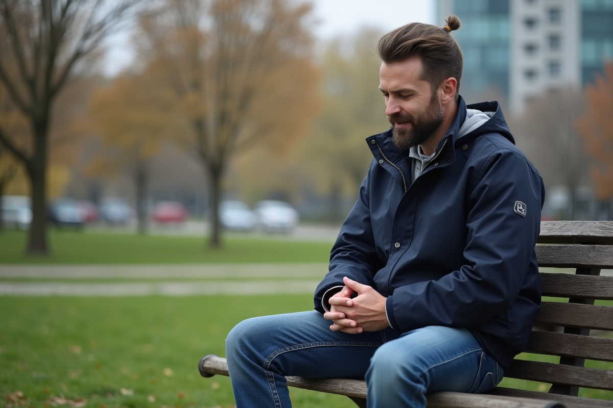 Homme en méditation dans un parc urbain