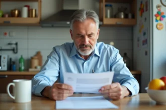 Homme d'âge moyen examine un rapport médical à la maison