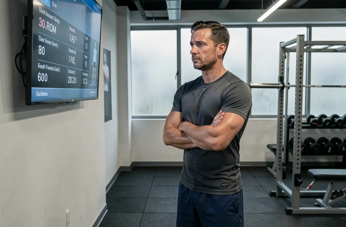 Homme en salle de sport examinant des métriques d'entraînement avec une expression dubitative