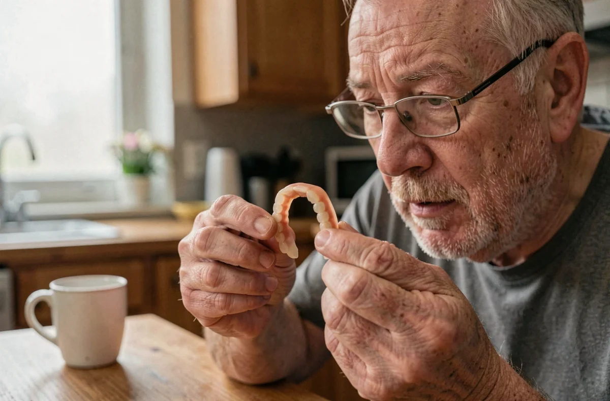 Homme senior tenant un dentier sans palais et sans implant à la maison avant sa pose