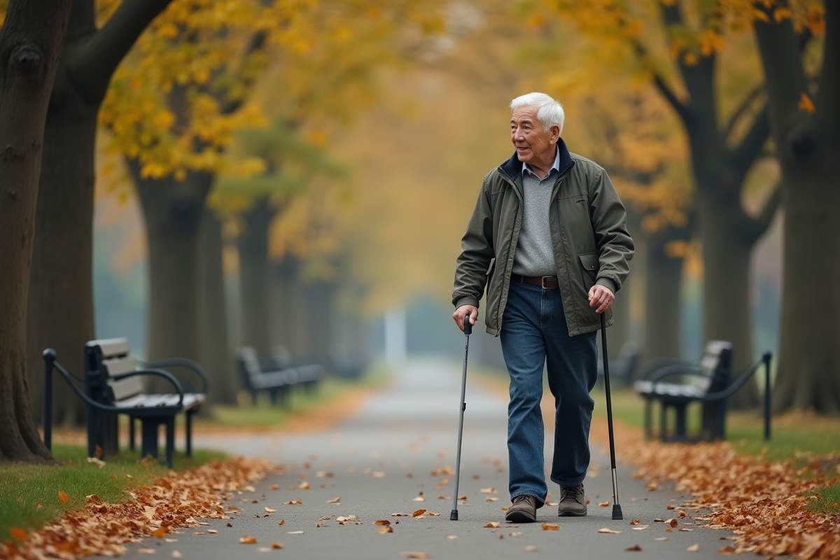 Homme âgé marchant dans un parc avec une canne
