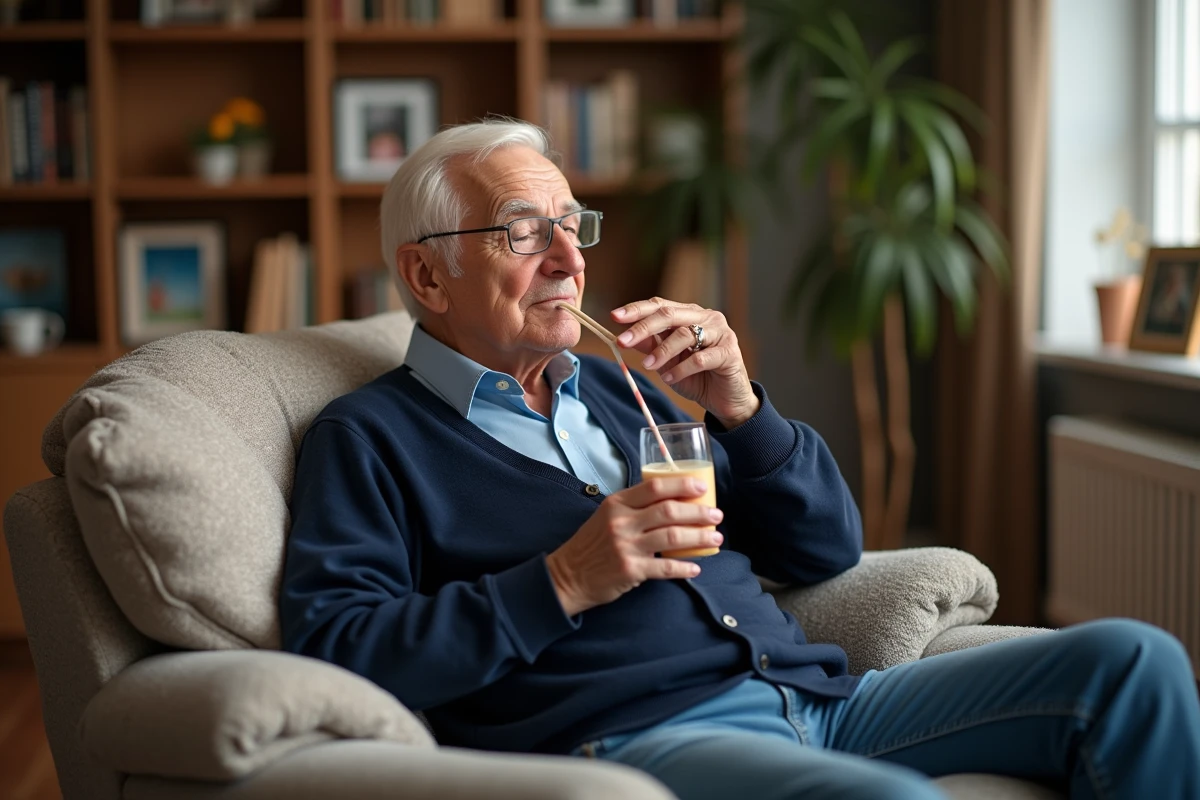 Homme âgé dégustant smoothie dans son salon confortable