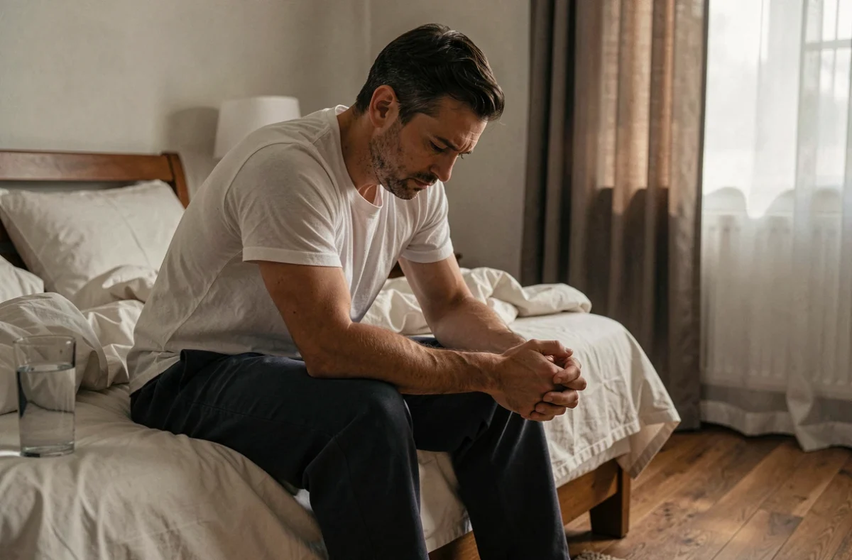 Homme seul dans sa chambre souffrant de stress chronique et d'inconfort physique intime