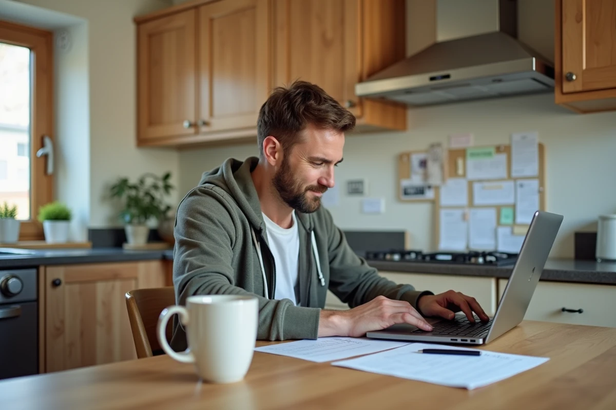 Homme d age moyen travaillant sur son ordinateur dans la cuisine