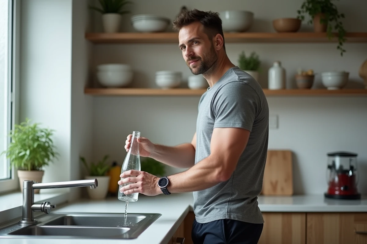 Homme remplissant un verre d'eau minérale dans une cuisine moderne pour illustrer la santé rénale