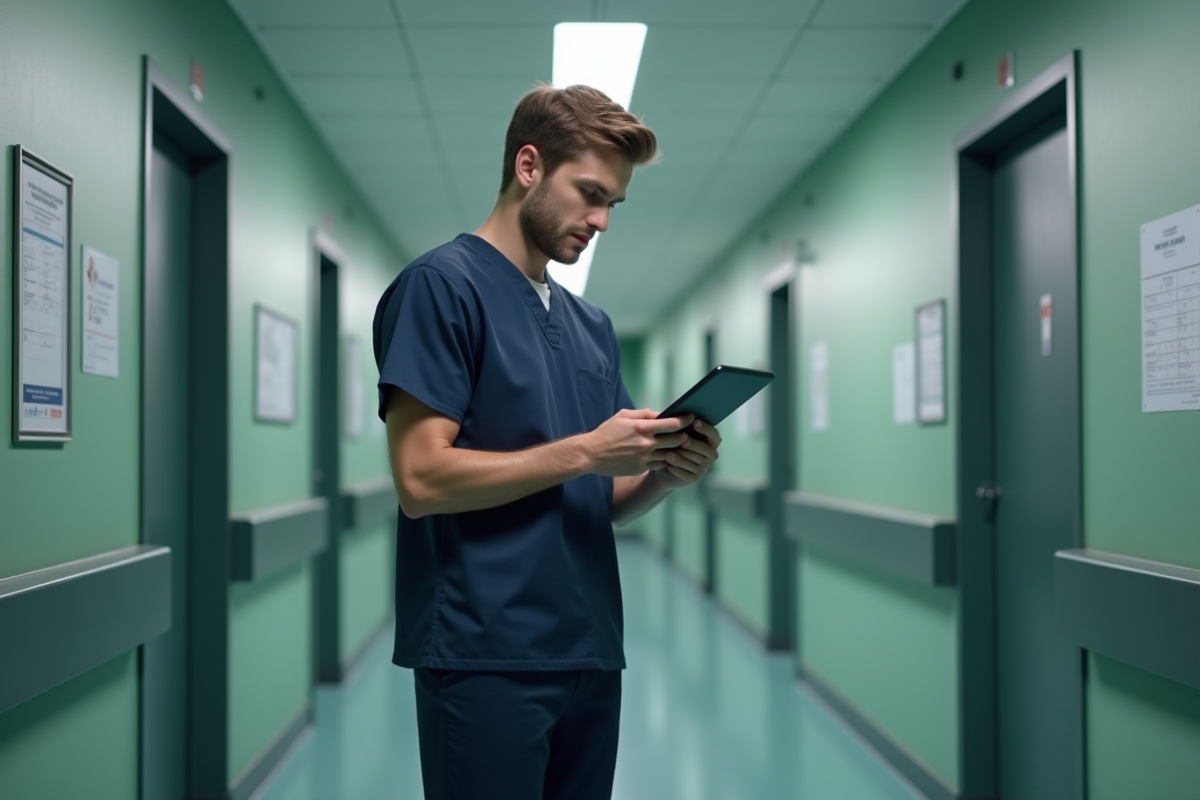 Jeune infirmier en scrubs consulte un tableau salarial sur une tablette dans le couloir