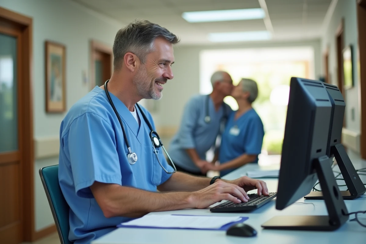 Infirmier en scrubs travaillant à la station de soins avec résidents