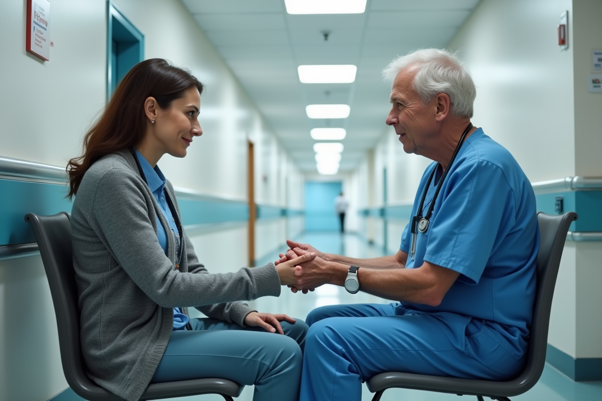 Infirmière en blouse bleue tenant la main d'un patient âgé