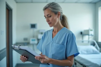 Infirmière analysant un dossier médical dans une chambre d'hôpital pour évaluer la gravité d'une escarre