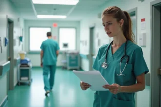 Infirmière qualité en couloir hospitalier consultant un dossier papier pendant qu'un patient attend dans l'embrasure d'une porte, illustrant un manque de communication dans la relation de soin
