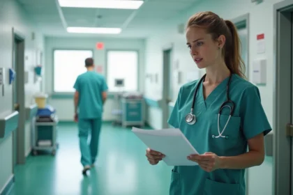 Infirmière qualité en couloir hospitalier consultant un dossier papier pendant qu'un patient attend dans l'embrasure d'une porte, illustrant un manque de communication dans la relation de soin