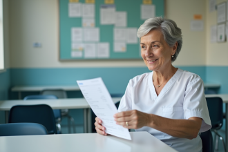 Infirmière en blouse blanche examine une fiche de paie dans une salle de pause