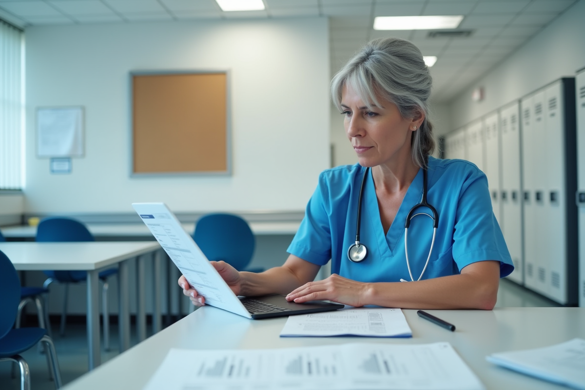 Infirmière en blouse bleue vérifiant un bulletin de salaire