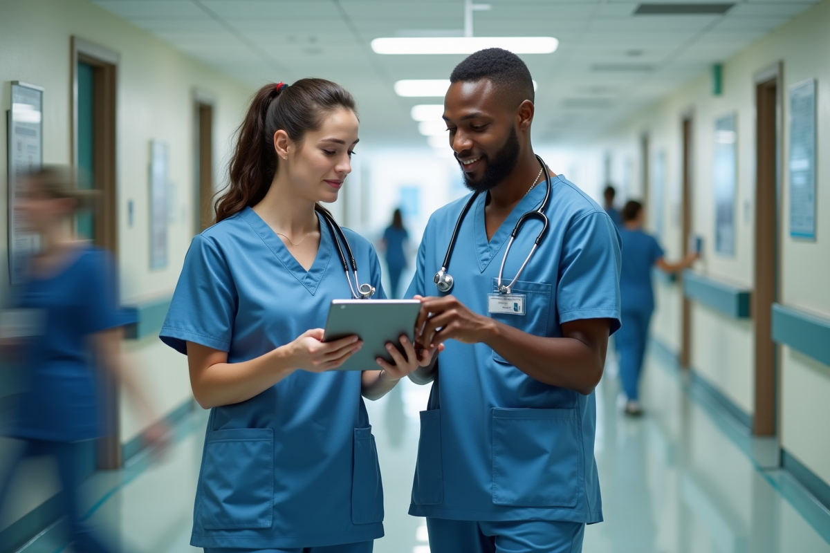 Infirmieres discutant avec un patient dans le couloir