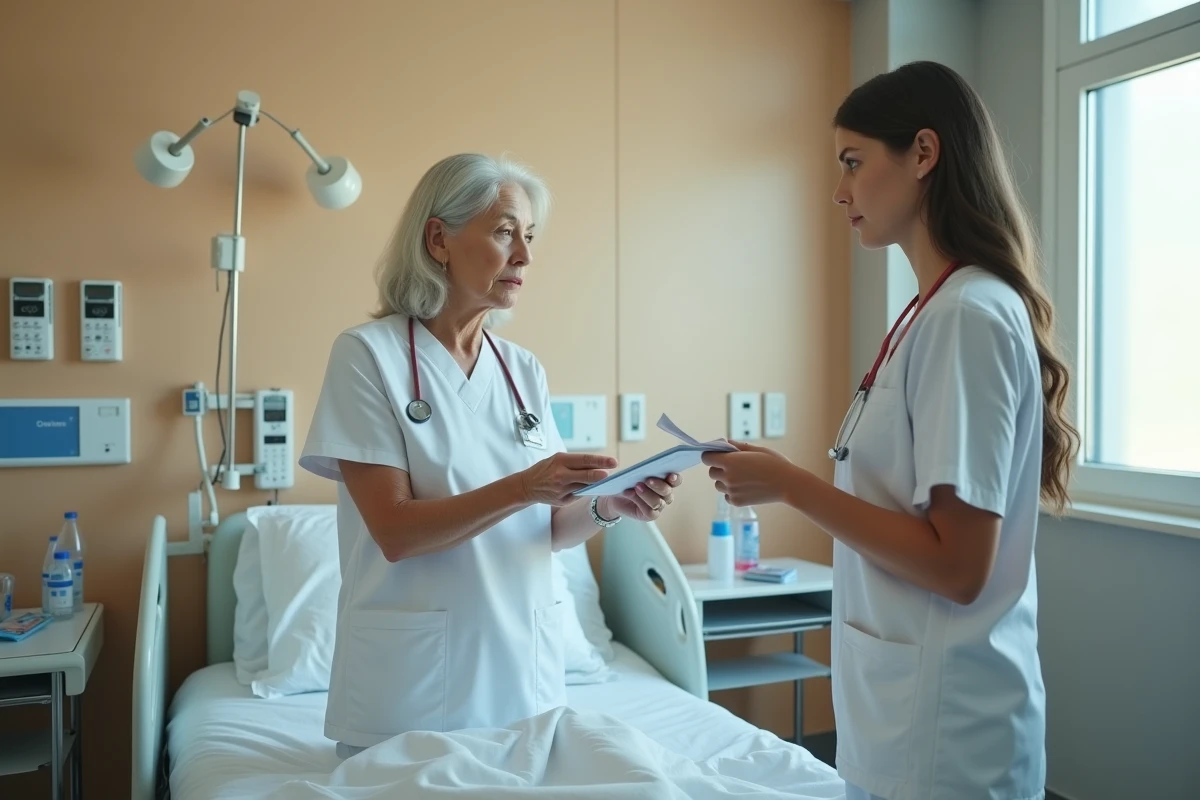 Deux infirmières en chambre de patient lors d'une transmission de soins mal coordonnée, illustrant les erreurs de passation dans la démarche qualité infirmière