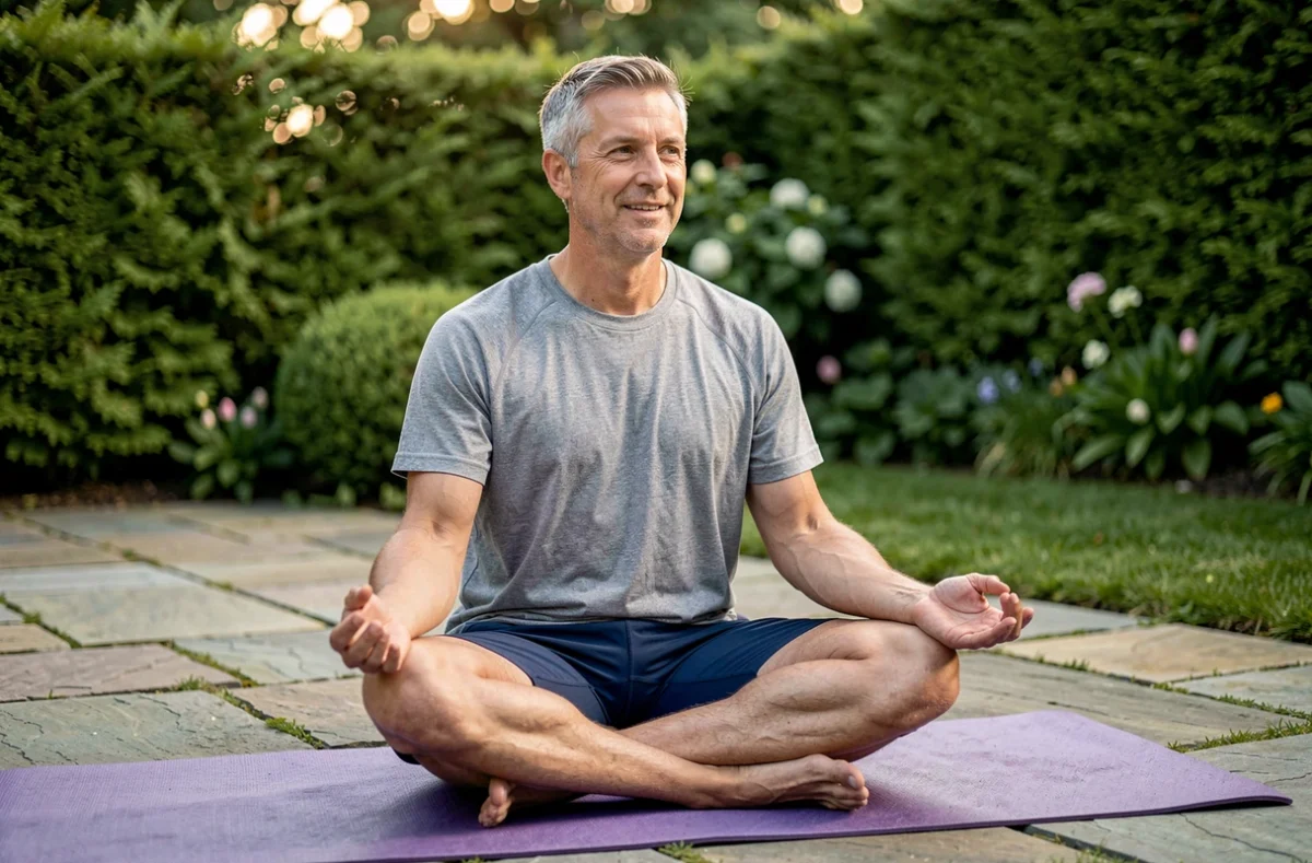 Instructeur de yoga masculin expliquant la posture du lotus en extérieur dans un jardin verdoyant