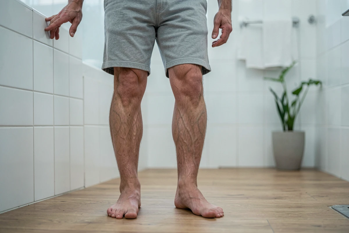 Homme d'âge mûr debout observant ses jambes avec des varices visibles, signe d'insuffisance veineuse et douleur saphène