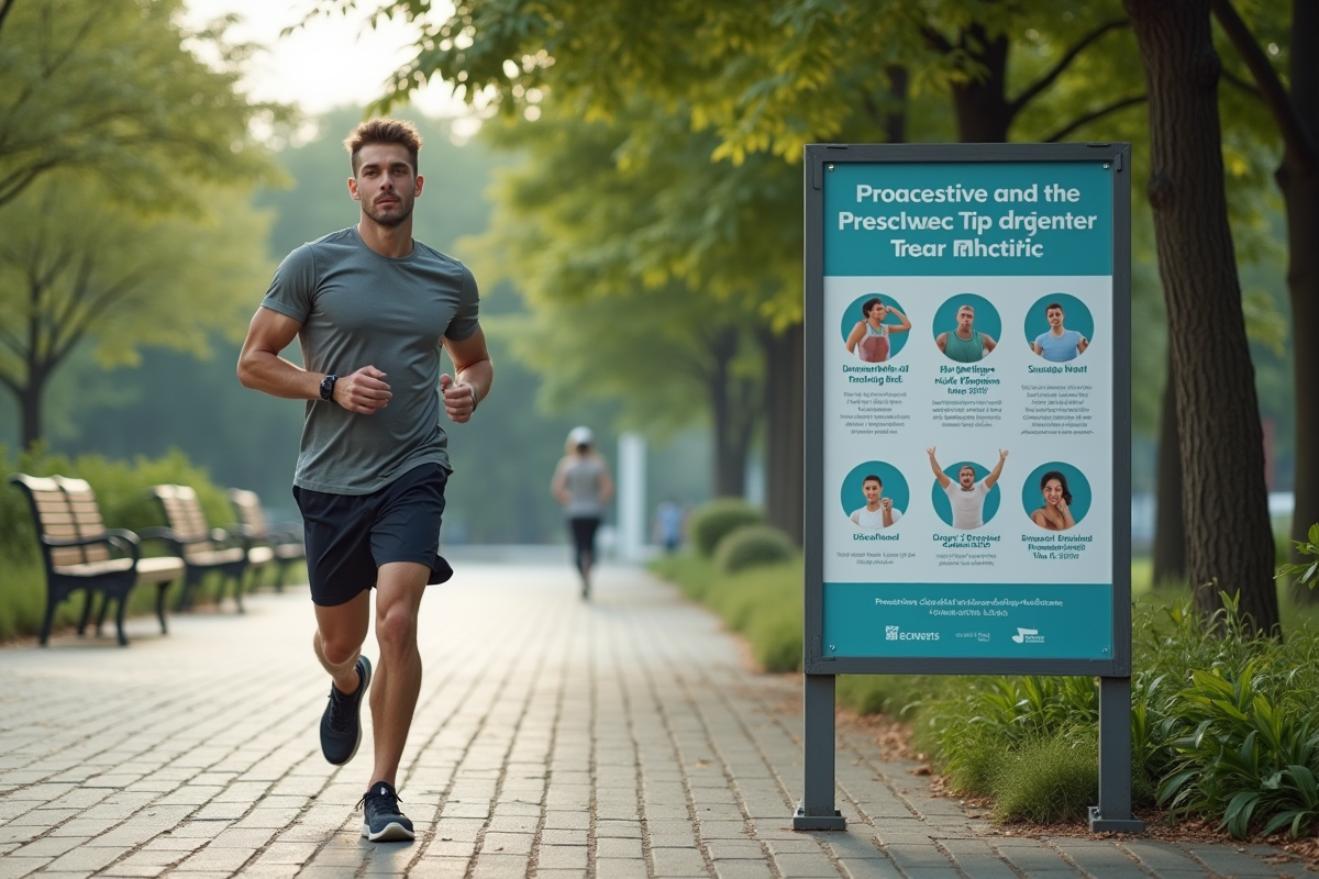 Jeune homme courant dans un parc urbain avec affiche santé