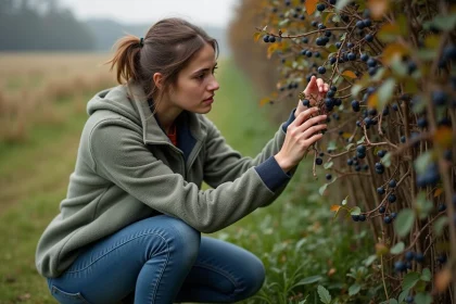 Jeune femme examine des baies sauvages dans une haie