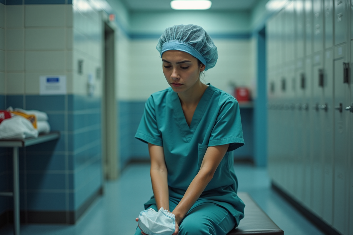 Jeune chirurgienne en scrubs dans vestiaire hospitalier