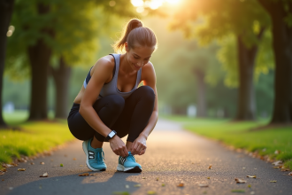 Jeune femme nouant ses chaussures de course dans un parc au matin