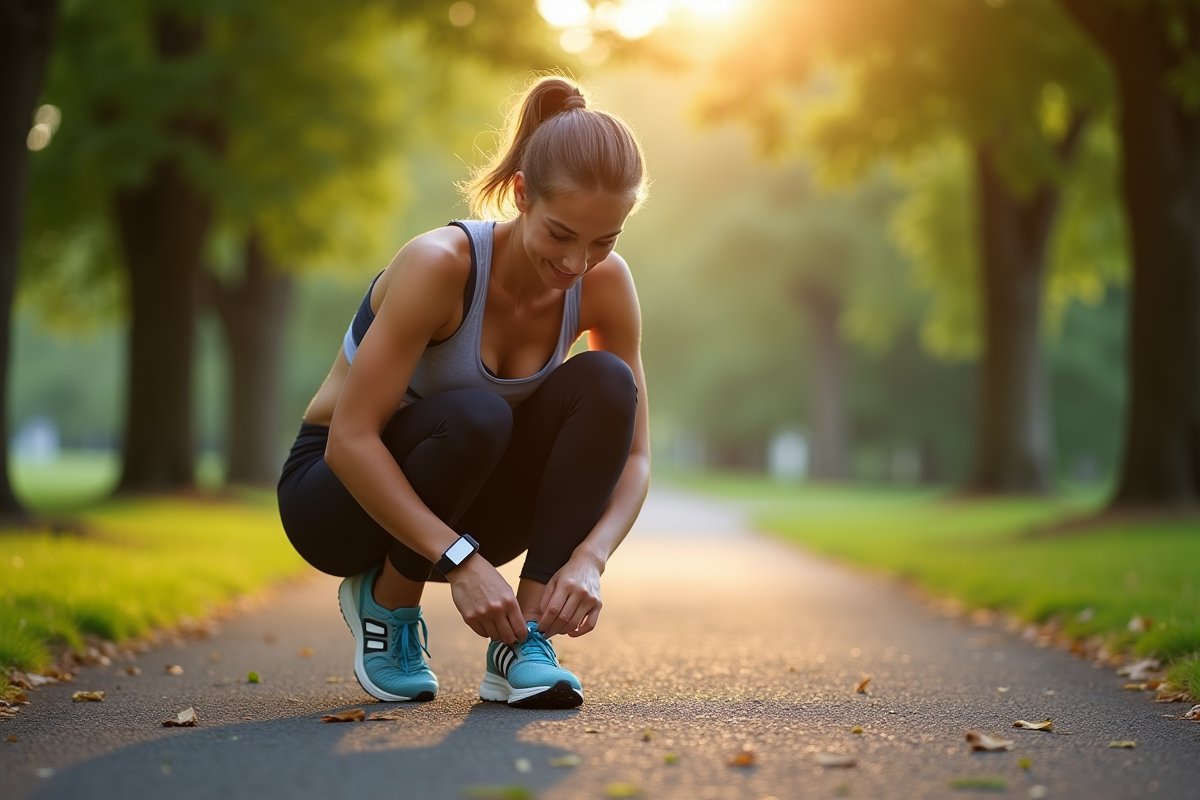Jeune femme nouant ses chaussures de course dans un parc au matin