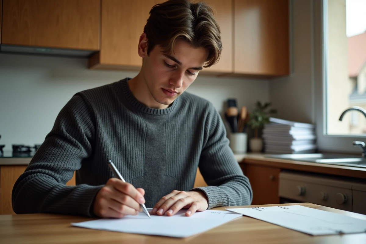 Jeune homme écrivant une adresse pour la CPAM dans sa cuisine