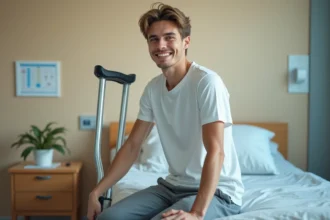 Jeune homme assis avec des béquilles dans une chambre d'hôpital