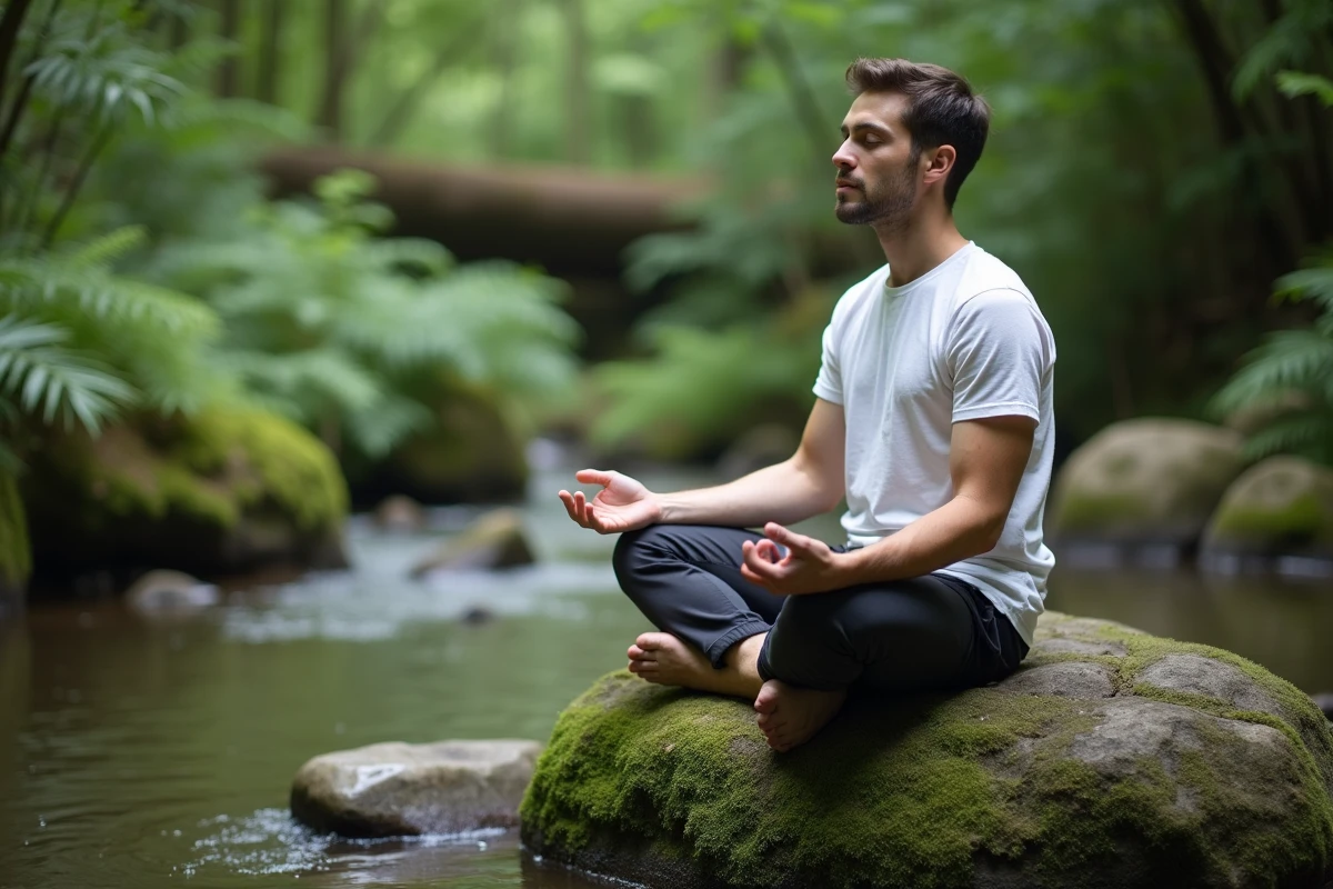 Jeune homme méditant près d