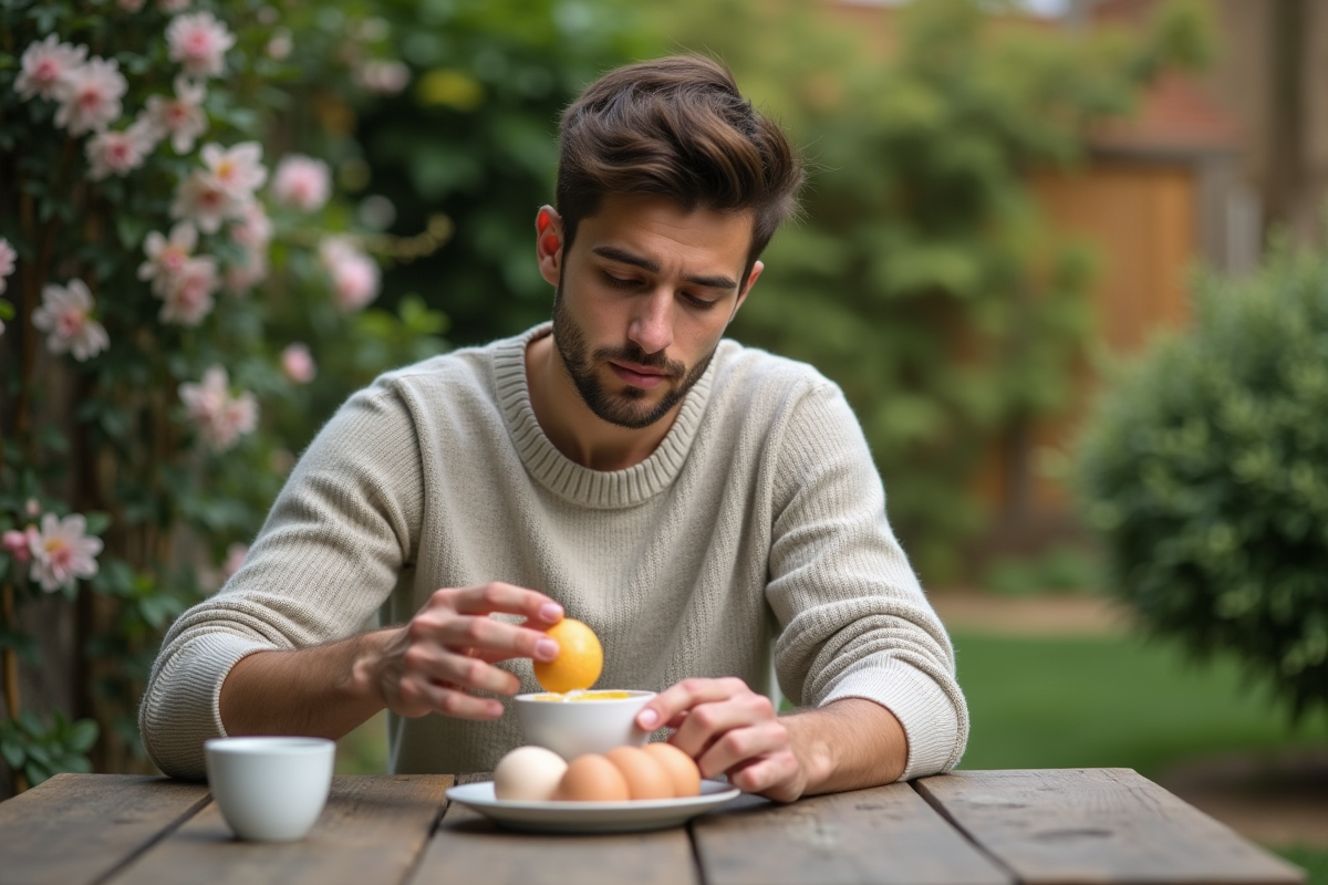 Jeune homme cassant un œuf dans un jardin extérieur