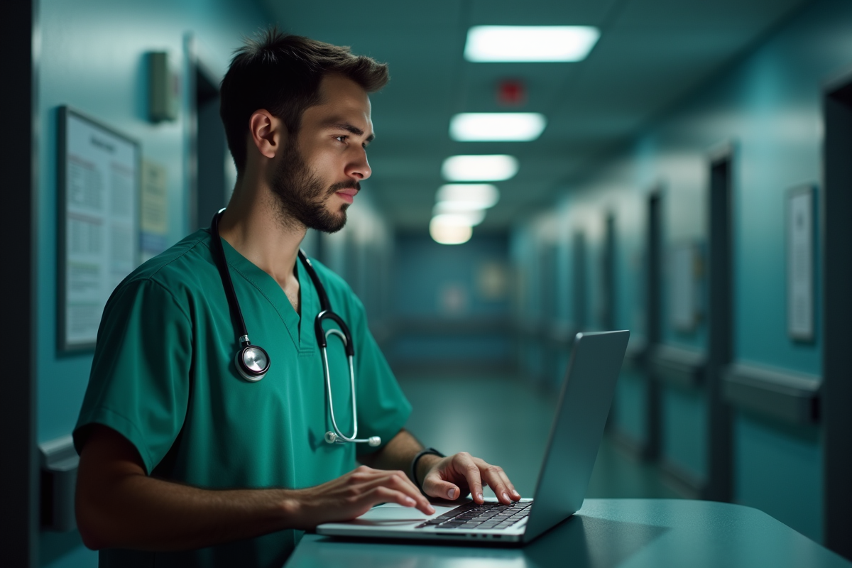 Jeune professionnel de santé utilisant un ordinateur la nuit