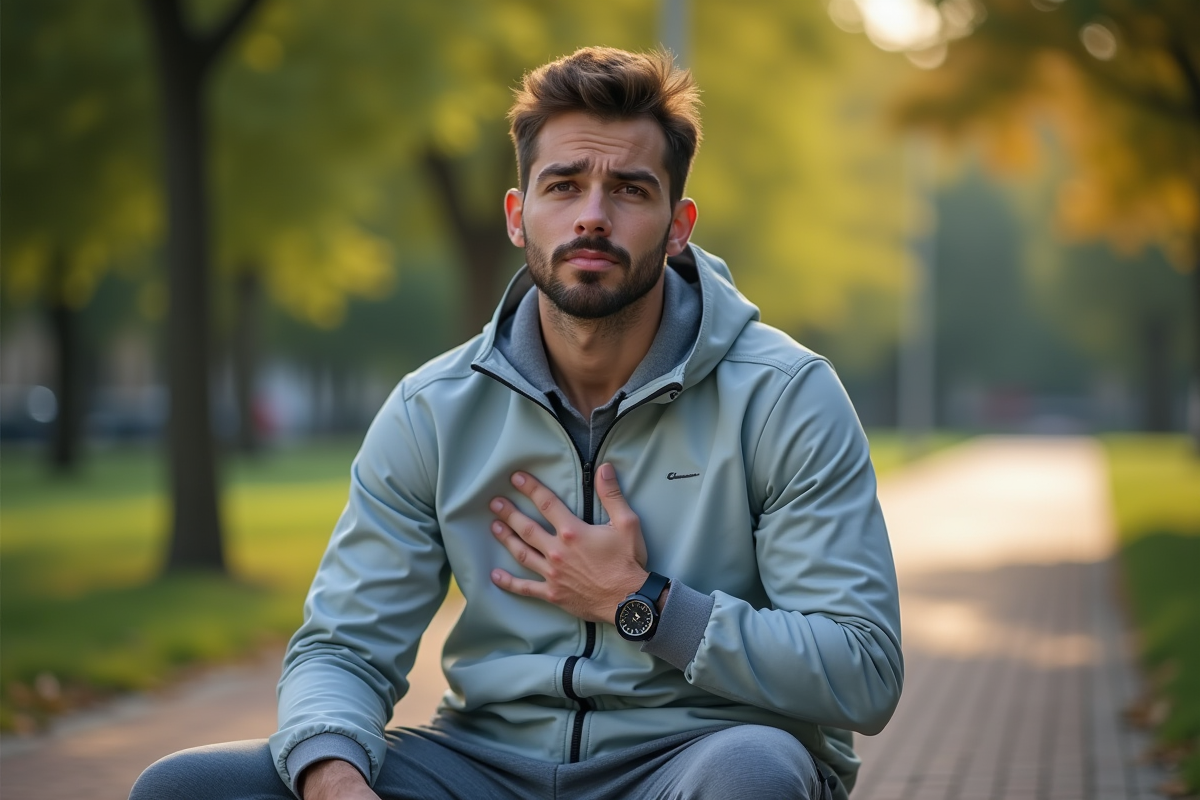 Jeune homme en jogging assis sur un banc dans un parc urbain