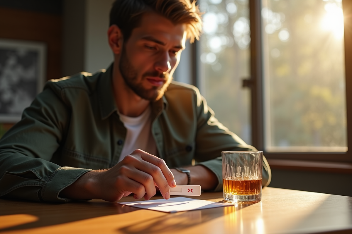Jeune homme regardant un test de fertilite negatif avec whisky