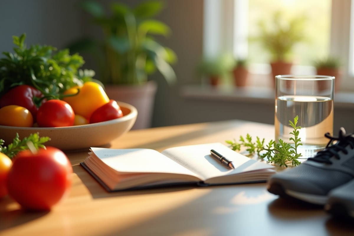 Journal alimentaire ouvert avec légumes frais sur une table ensoleillée