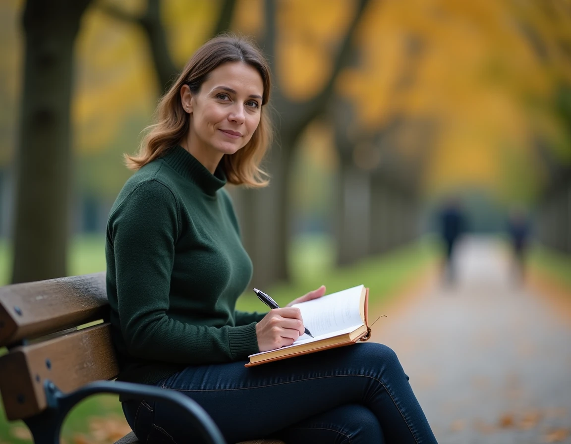 Femme écrivant dans un journal intime en plein air, symbolisant la transformation émotionnelle liée aux troubles digestifs