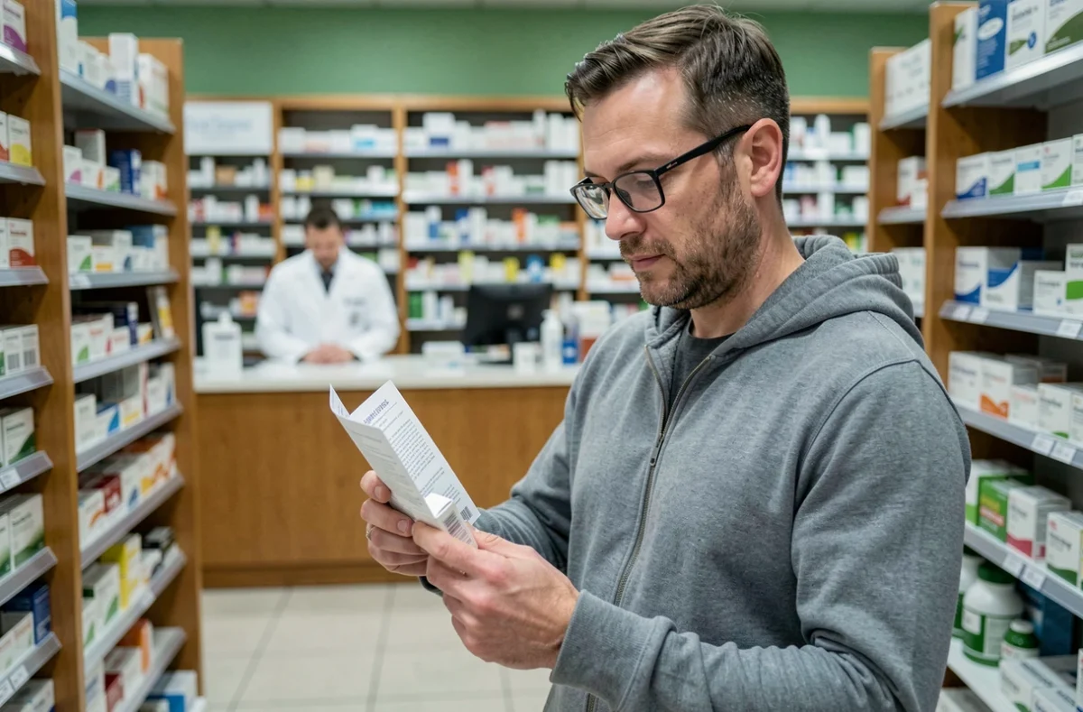 Homme en pharmacie lisant la notice d'un médicament antidépresseur avant de commencer son traitement