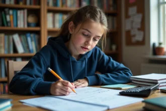 Lycéenne révisant ses formules de calcul de tension électrique pour le baccalauréat, assise à son bureau avec cahiers et calculatrice scientifique