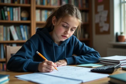 Lycéenne révisant ses formules de calcul de tension électrique pour le baccalauréat, assise à son bureau avec cahiers et calculatrice scientifique