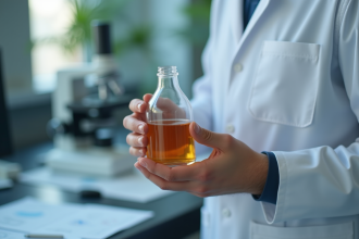 Main masculine tenant un glaçage de whisky dans un laboratoire