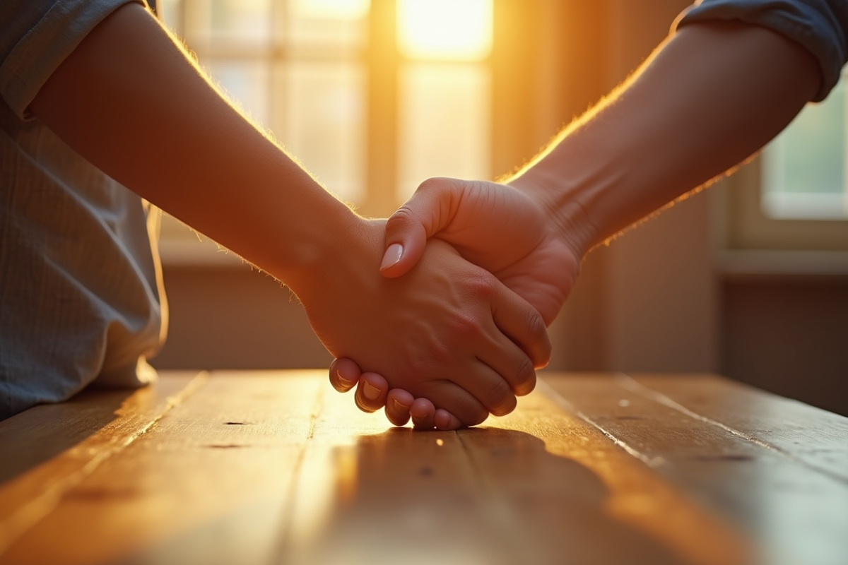 Mains diverses entrelacées sur une table en bois clair