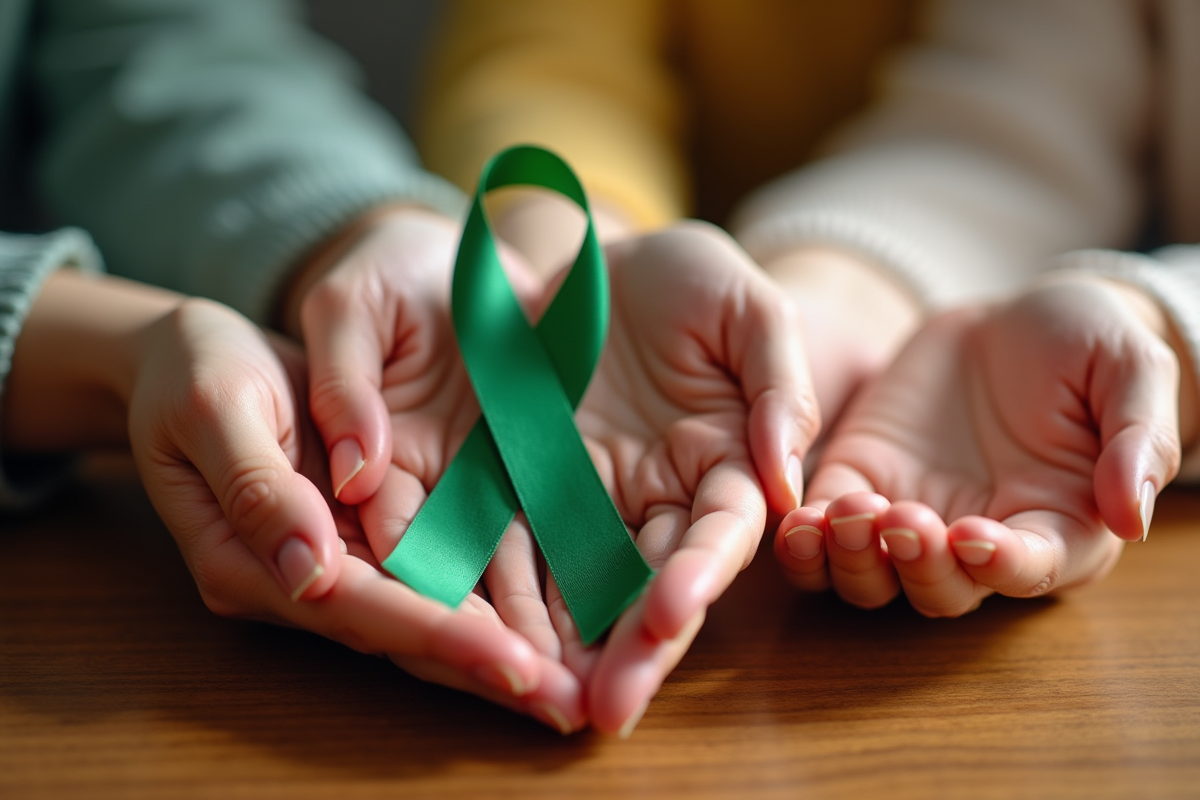 Mains diverses tenant un ruban vert symbole d