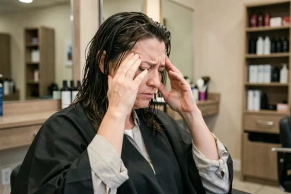 Femme souffrant de maux de tête après une coloration végétale chez le coiffeur, assise dans un fauteuil de salon avec les mains sur les tempes
