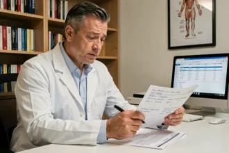 Médecin analysant un bilan hépatique avec des valeurs SGPT sur un rapport de laboratoire imprimé