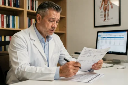 Médecin analysant un bilan hépatique avec des valeurs SGPT sur un rapport de laboratoire imprimé