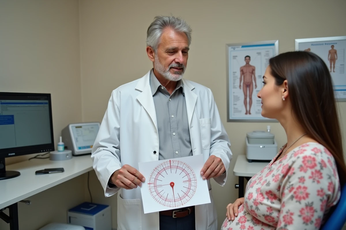 Médecin généraliste utilisant un disque obstétrical pour calculer la date prévue d'accouchement avec sa patiente