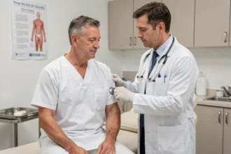 Médecin examinant l'aisselle d'un patient masculin en consultation médicale pour détecter une boule ou grosseur