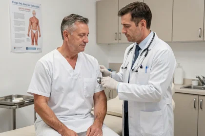 Médecin examinant l'aisselle d'un patient masculin en consultation médicale pour détecter une boule ou grosseur