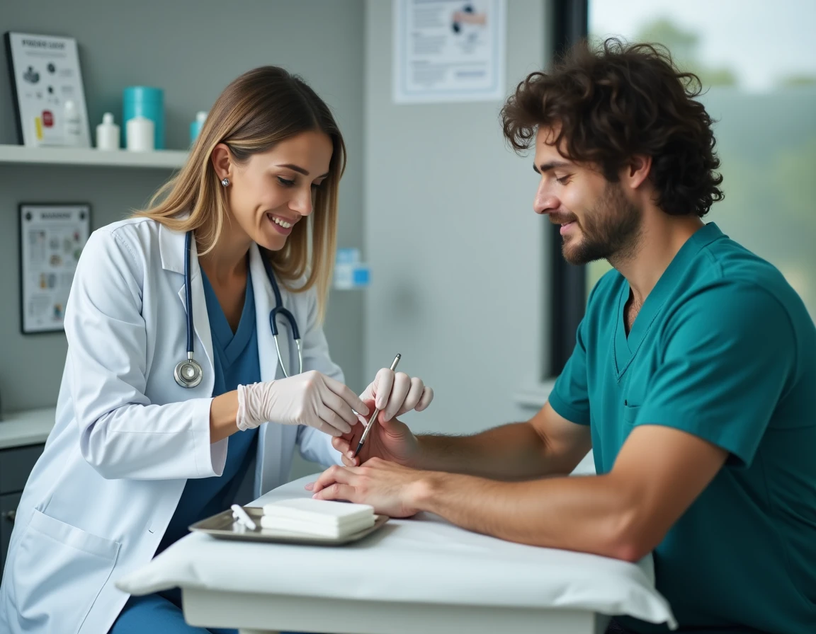 Médecin examinant une blessure de morsure de poisson sur le doigt d'un patient dans un cabinet médical moderne