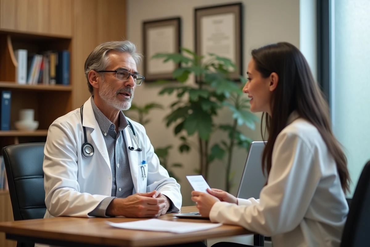 Médecin généraliste en consultation avec une patiente adulte dans un cabinet de médecine générale