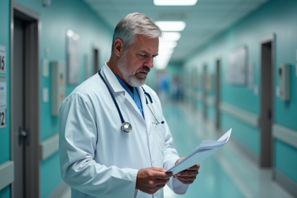 Medecin en blouse blanche dans un couloir hospitalier